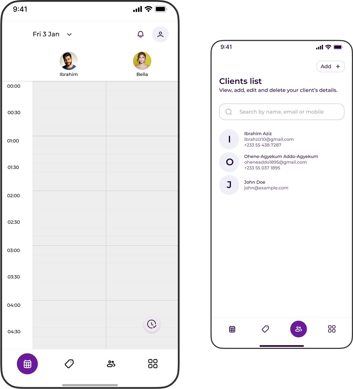 Self Vibe Business App Screenshots - Calendar and Clients Management